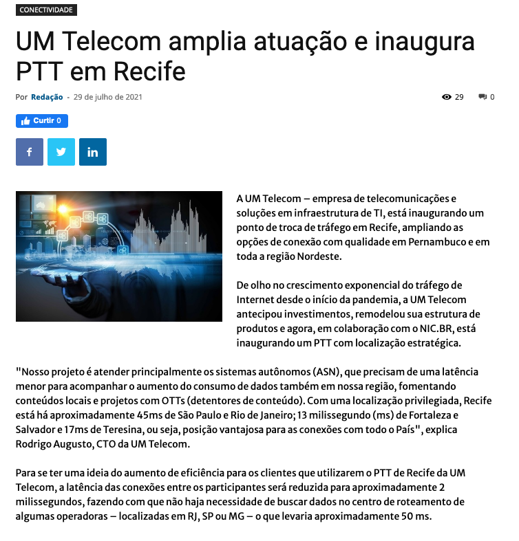 Ptt Telecom NIC.br - Na Mídia - UM Telecom amplia atuação e inaugura PTT em Recife