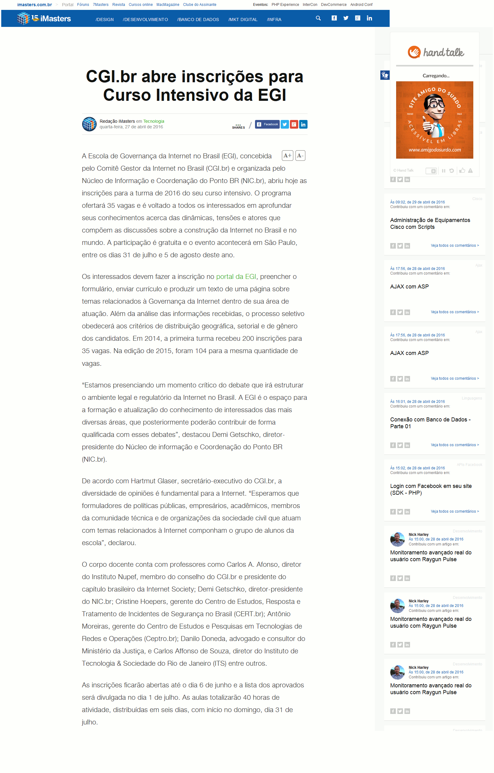 NIC.br - Na Mídia - CGI.br abre inscrições para Curso Intensivo da EGI