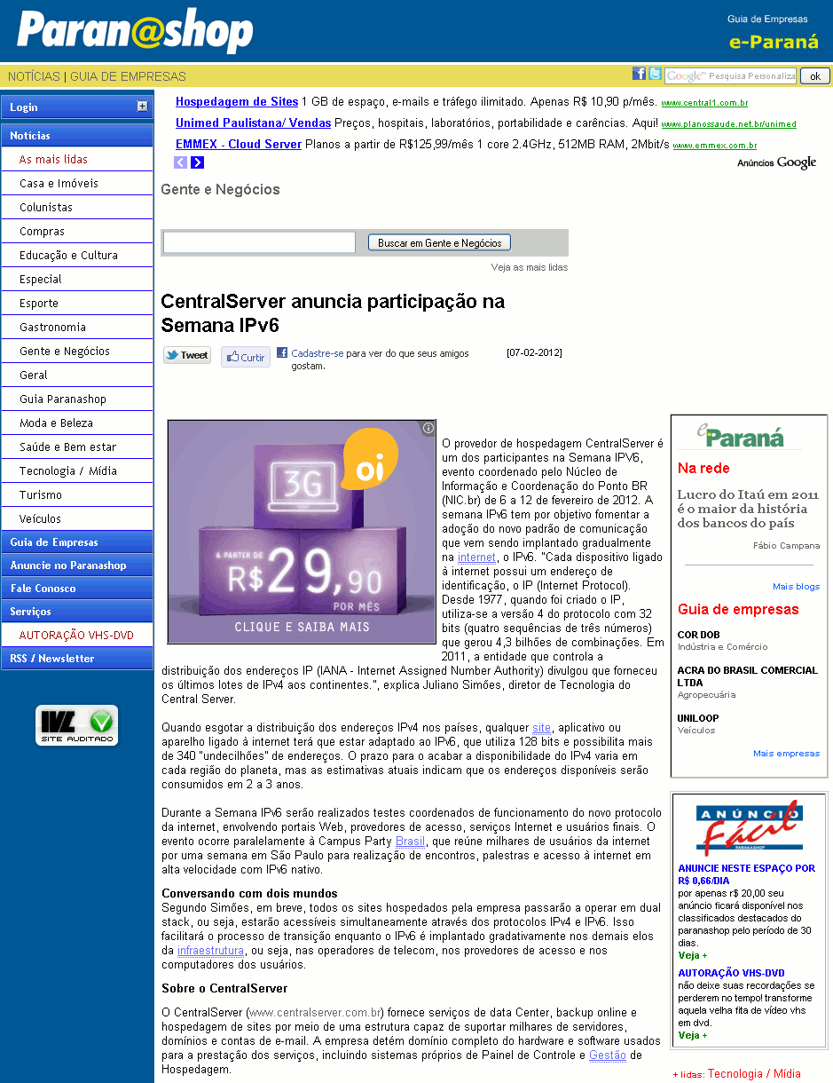 NIC.br - Na Mídia - CentralServer anuncia participação na Semana IPv6