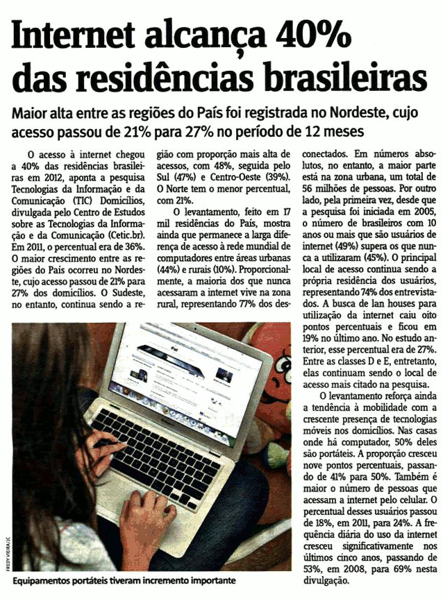 NIC.br - Na Mídia - Internet alcança 40% das residências brasileiras