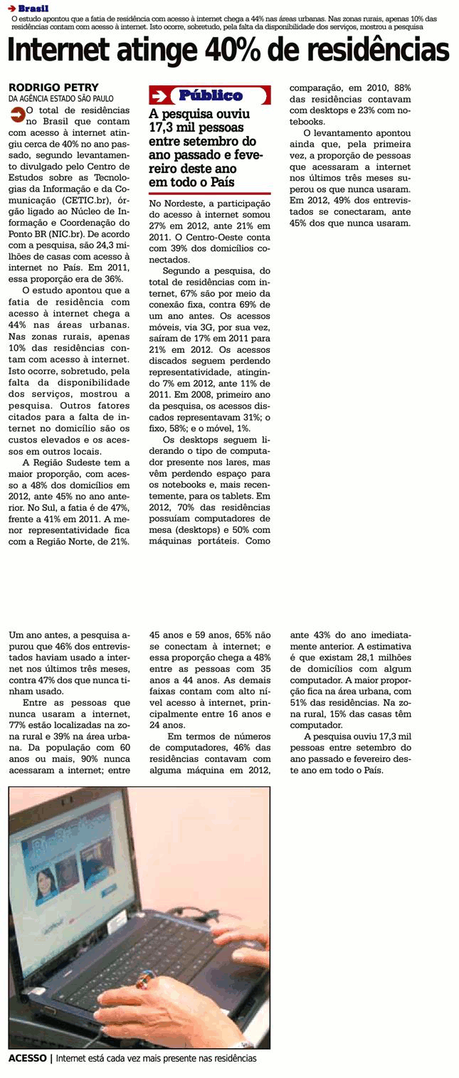 NIC.br - Na Mídia - Internet atinge 40% de residências